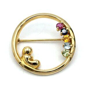 14K yellow gold & colorful gemstone circle brooch - mother grandmother gift 3.9g